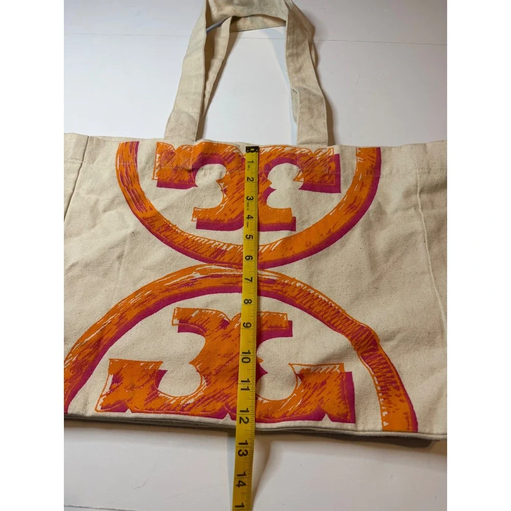 Tory Burch Canvas Tote Bag Cream Orange Oversized Logo Shopper Beach Bag